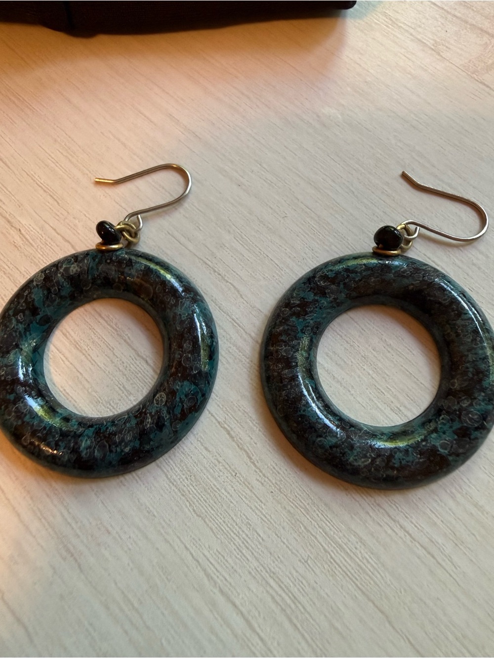 Handmade Green-Black Stone Hoop Drop Earrings